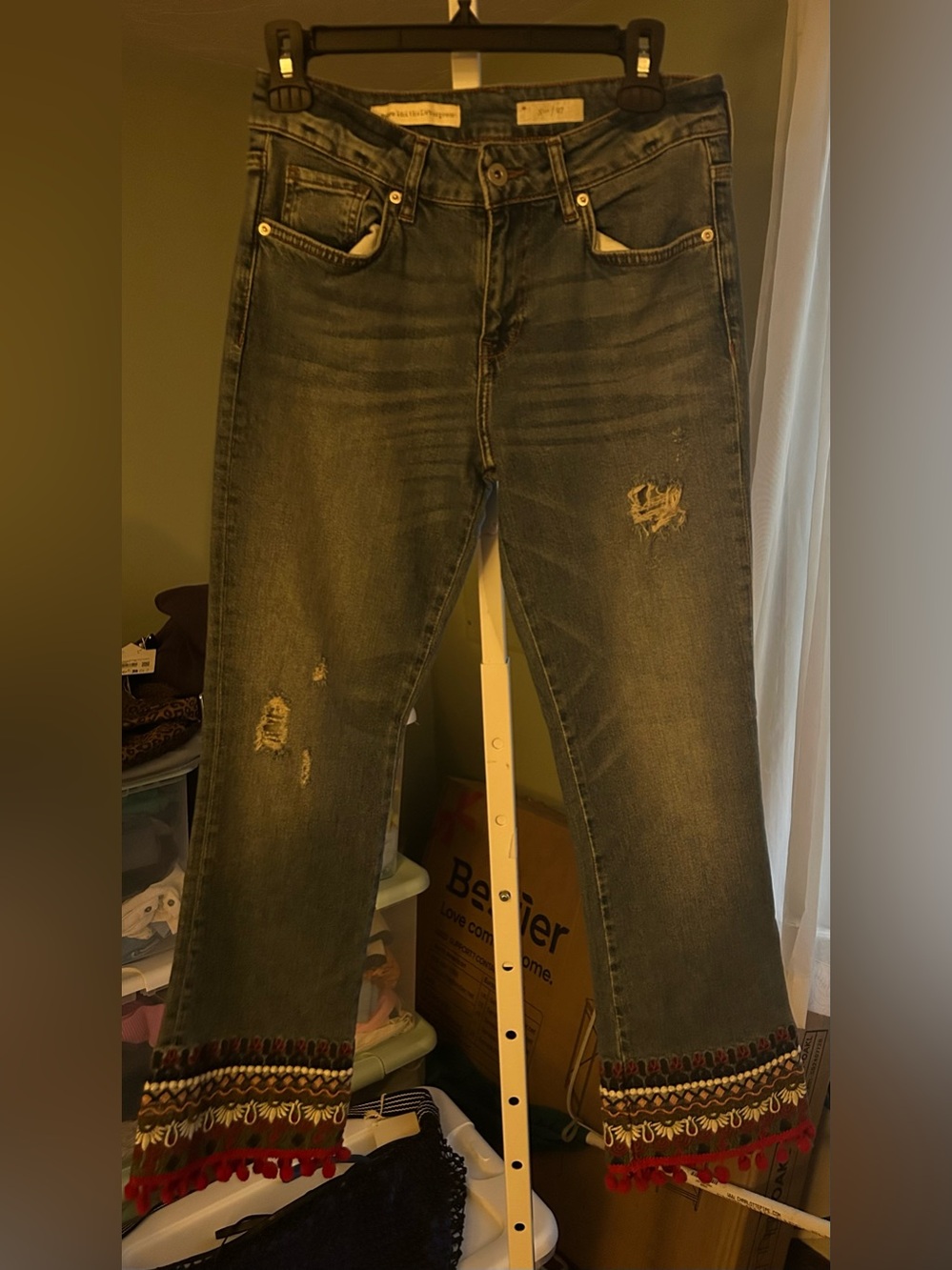 PILCRO Distressed Dark Wash Women's Jeans with Embroidered Fringe Hem